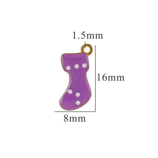 Picture of 2 PCs Vacuum Plating 304 Stainless Steel Charms Gold Plated Purple Christmas Stocking Enamel 8mm x 16mm