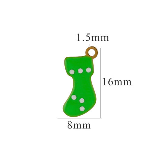 Picture of 2 PCs Vacuum Plating 304 Stainless Steel Charms Gold Plated Green Christmas Stocking Enamel 8mm x 16mm