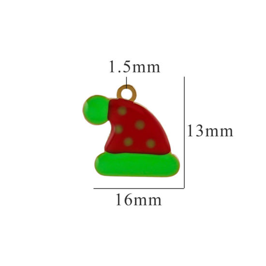 Picture of 2 PCs Vacuum Plating 304 Stainless Steel Charms Gold Plated Red & Green Christmas Hats Enamel 16mm x 13mm