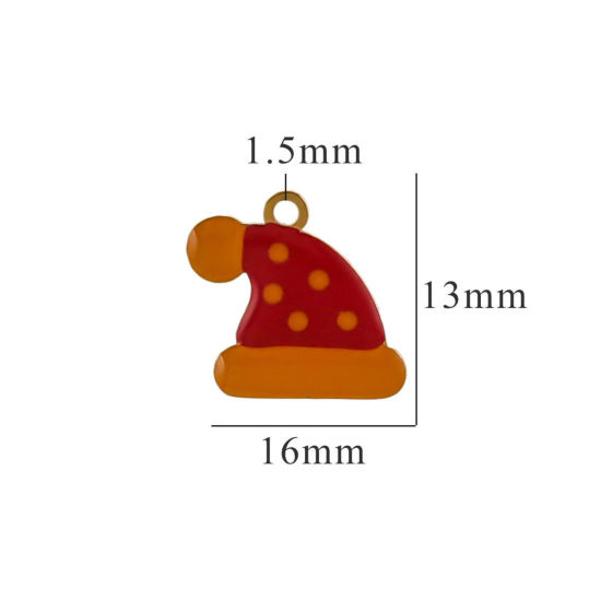 Picture of 2 PCs Vacuum Plating 304 Stainless Steel Charms Gold Plated Orange & Red Christmas Hats Enamel 16mm x 13mm