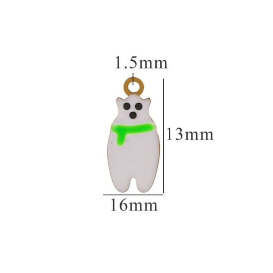 Picture of 2 PCs Vacuum Plating 304 Stainless Steel Charms Gold Plated White & Green Christmas Snowman Enamel 16mm x 13mm