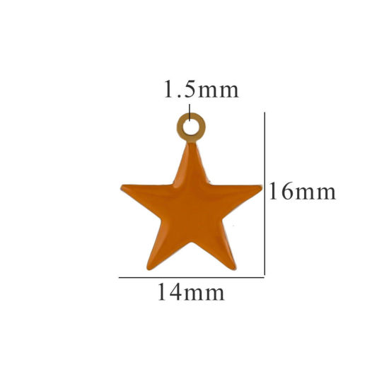 Picture of 2 PCs Vacuum Plating 304 Stainless Steel Charms Gold Plated Orange Pentagram Star Enamel 14mm x 16mm