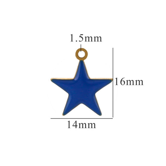 Picture of 2 PCs Vacuum Plating 304 Stainless Steel Charms Gold Plated Blue Pentagram Star Enamel 14mm x 16mm