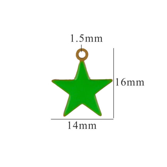 Picture of 2 PCs Vacuum Plating 304 Stainless Steel Charms Gold Plated Green Pentagram Star Enamel 14mm x 16mm