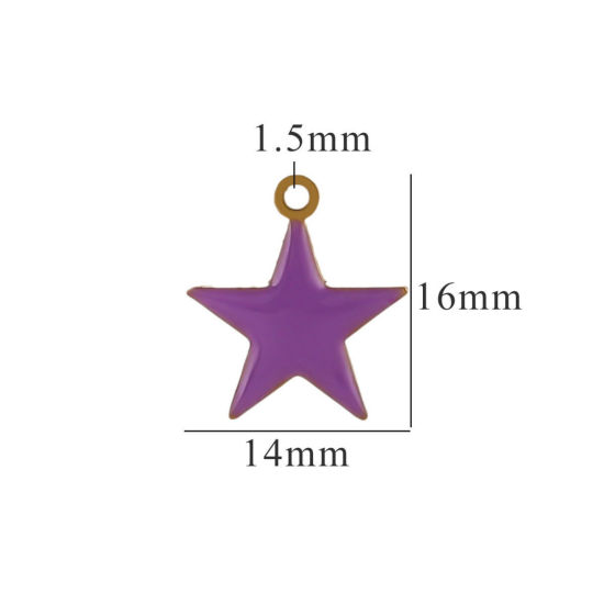 Picture of 2 PCs Vacuum Plating 304 Stainless Steel Charms Gold Plated Purple Pentagram Star Enamel 14mm x 16mm