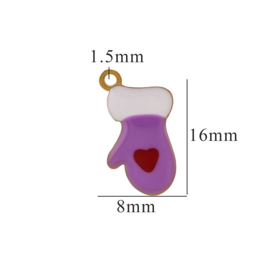 Picture of 2 PCs Vacuum Plating 304 Stainless Steel Charms Gold Plated White & Purple Christmas Gloves Enamel 8mm x 16mm