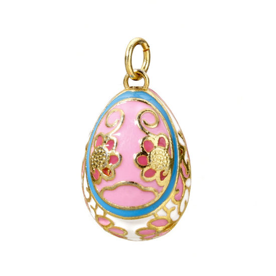 Bild von 1 Stück Messing Ostertag Charms 18K Vergoldet Rosa Ei Blumen Emaille 28mm x 15.5mm