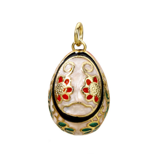 Bild von 1 Stück Messing Ostertag Charms 18K Vergoldet Hellrosa Ei Blumen Emaille 28mm x 15.5mm