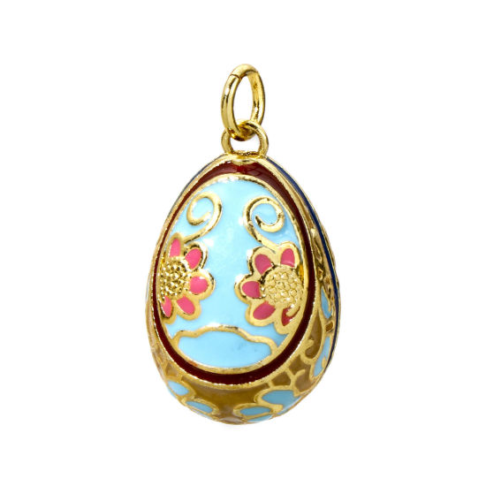 Bild von 1 Stück Messing Ostertag Charms 18K Vergoldet Blau Ei Blumen Emaille 28mm x 15.5mm