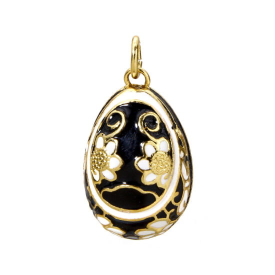 Bild von 1 Stück Messing Ostertag Charms 18K Vergoldet Schwarz Ei Blumen Emaille 28mm x 15.5mm