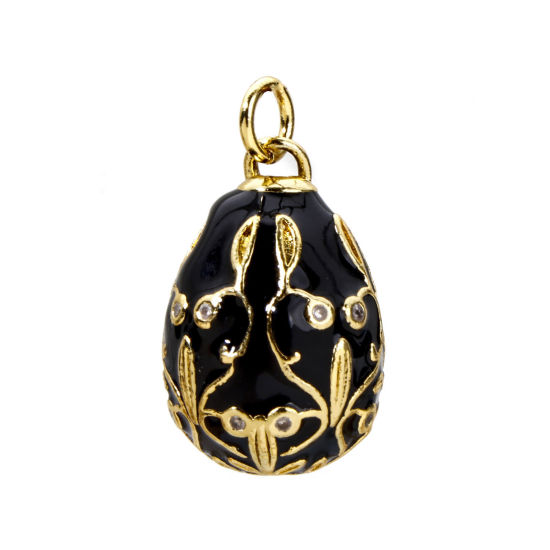 Picture of 1 Piece Brass Easter Day Charms 18K Gold Plated Black Egg Flower Vine Enamel Clear Cubic Zirconia 28mm x 15.5mm