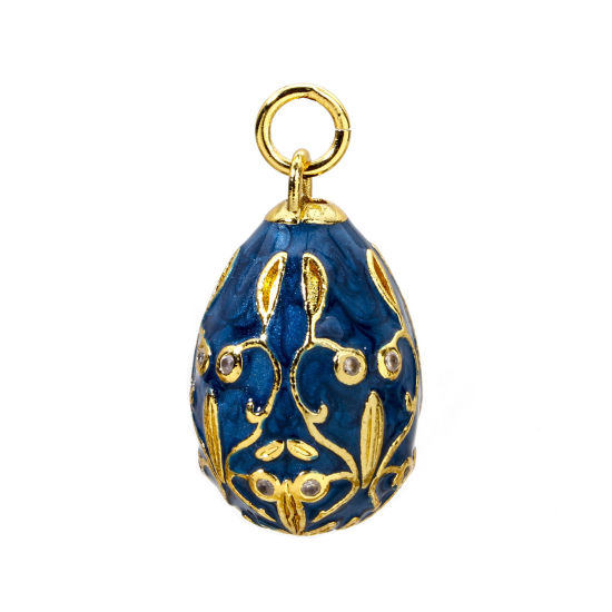 Picture of 1 Piece Brass Easter Day Charms 18K Gold Plated Dark Blue Egg Flower Vine Enamel Clear Cubic Zirconia 28mm x 15.5mm