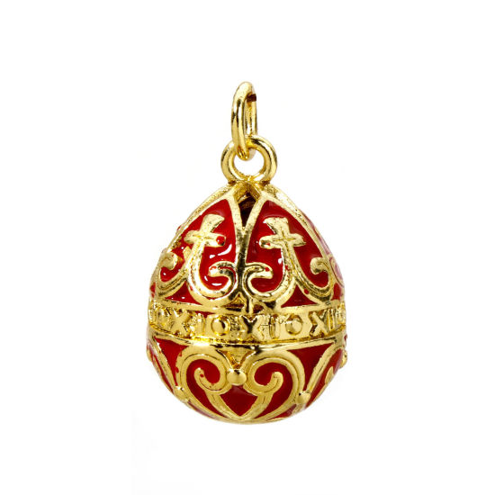 Picture of 1 Piece Brass Easter Day Charms 18K Gold Plated Red Egg Carved Pattern Enamel 26mm x 15.5mm