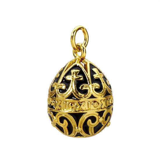 Picture of 1 Piece Brass Easter Day Charms 18K Gold Plated Black Egg Carved Pattern Enamel 26mm x 15.5mm