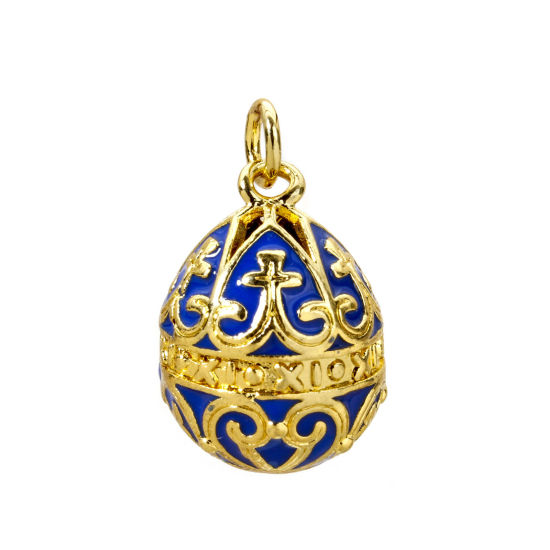 Picture of 1 Piece Brass Easter Day Charms 18K Gold Plated Blue Egg Carved Pattern Enamel 26mm x 15.5mm