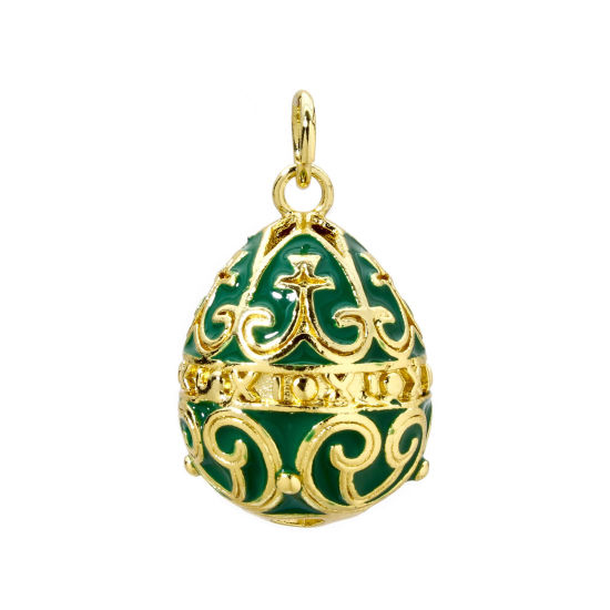 Picture of 1 Piece Brass Easter Day Charms 18K Gold Plated Green Egg Carved Pattern Enamel 26mm x 15.5mm