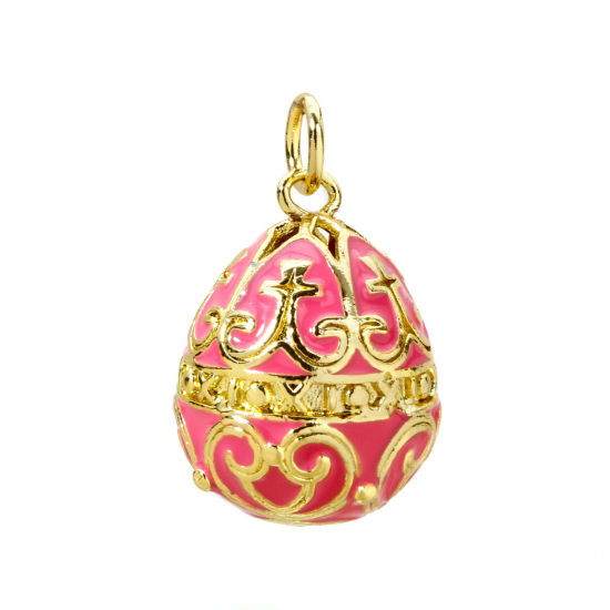 Picture of 1 Piece Brass Easter Day Charms 18K Gold Plated Pink Egg Carved Pattern Enamel 26mm x 15.5mm