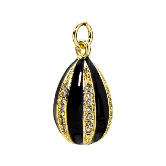 Picture of 1 Piece Brass Easter Day Charms 18K Gold Plated Black Egg Stripe Enamel Clear Cubic Zirconia 22mm x 10mm