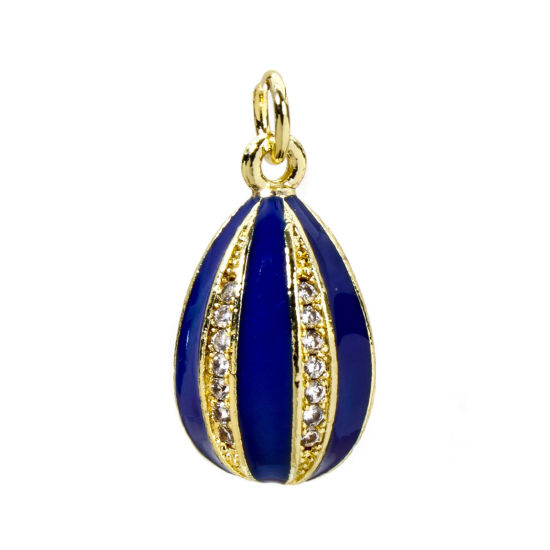 Picture of 1 Piece Brass Easter Day Charms 18K Gold Plated Blue Egg Stripe Enamel Clear Cubic Zirconia 22mm x 10mm