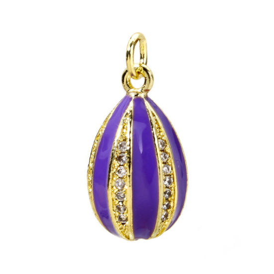 Picture of 1 Piece Brass Easter Day Charms 18K Gold Plated Purple Egg Stripe Enamel Clear Cubic Zirconia 22mm x 10mm