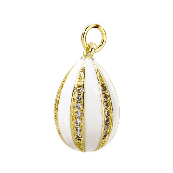 Picture of 1 Piece Brass Easter Day Charms 18K Gold Plated White Egg Stripe Enamel Clear Cubic Zirconia 22mm x 10mm