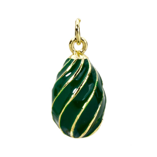 Picture of 1 Piece Brass Easter Day Charms 18K Gold Plated Green Egg Spiral Enamel 22mm x 11mm