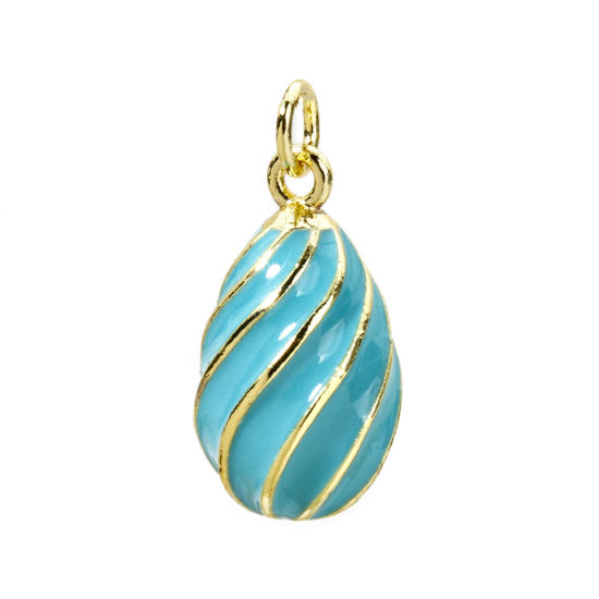 Picture of 1 Piece Brass Easter Day Charms 18K Gold Plated Green Blue Egg Spiral Enamel 22mm x 11mm