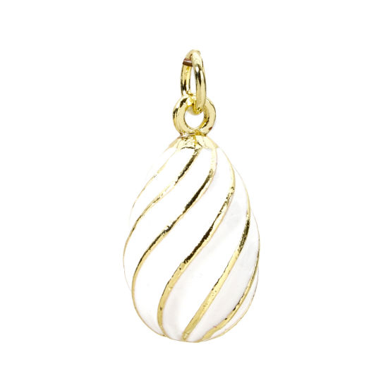 Picture of 1 Piece Brass Easter Day Charms 18K Gold Plated White Egg Spiral Enamel 22mm x 11mm