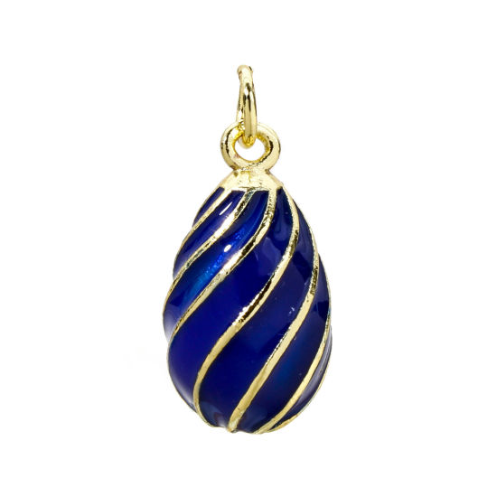 Picture of 1 Piece Brass Easter Day Charms 18K Gold Plated Dark Blue Egg Spiral Enamel 22mm x 11mm