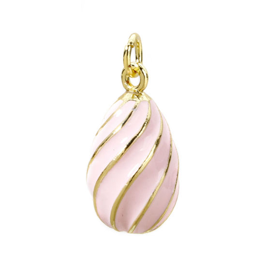 Picture of 1 Piece Brass Easter Day Charms 18K Gold Plated Pink Egg Spiral Enamel 22mm x 11mm