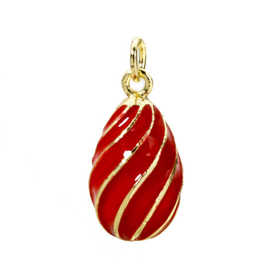 Picture of 1 Piece Brass Easter Day Charms 18K Gold Plated Red Egg Spiral Enamel 22mm x 11mm