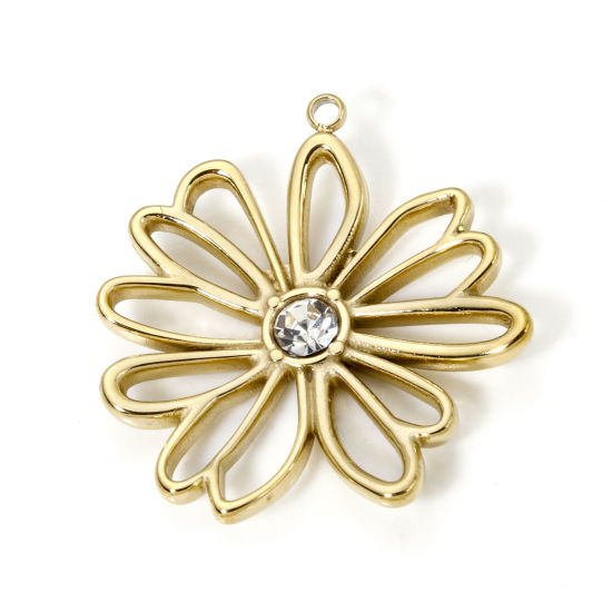 Изображение 1 ШТ Экологичное вакуумное PVD-покрытие 304 Нержавеющая Сталь Коллекция Флоры Подвески Цветы 14K настоящее золото с покрытием Прозрачный Горный Хрусталь 28мм x 26мм