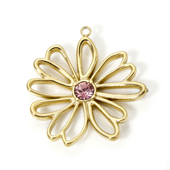 Изображение 1 ШТ Экологичное вакуумное PVD-покрытие 304 Нержавеющая Сталь Коллекция Флоры Подвески Цветы 14K настоящее золото с покрытием Розовый Горный Хрусталь 28мм x 26мм