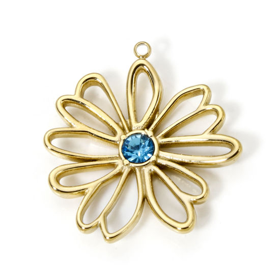 Изображение 1 ШТ Экологичное вакуумное PVD-покрытие 304 Нержавеющая Сталь Коллекция Флоры Подвески Цветы 14K настоящее золото с покрытием Синий Горный Хрусталь 28мм x 26мм