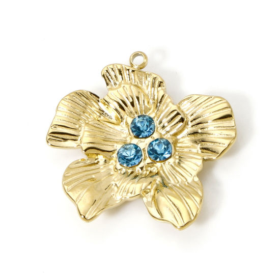 Изображение 1 ШТ Экологичное вакуумное PVD-покрытие 304 Нержавеющая Сталь Коллекция Флоры Подвески Цветы 14K настоящее золото с покрытием Синий Горный Хрусталь 24мм x 24мм