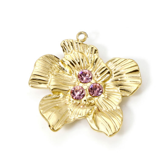 Изображение 1 ШТ Экологичное вакуумное PVD-покрытие 304 Нержавеющая Сталь Коллекция Флоры Подвески Цветы 14K настоящее золото с покрытием Розовый Горный Хрусталь 24мм x 24мм