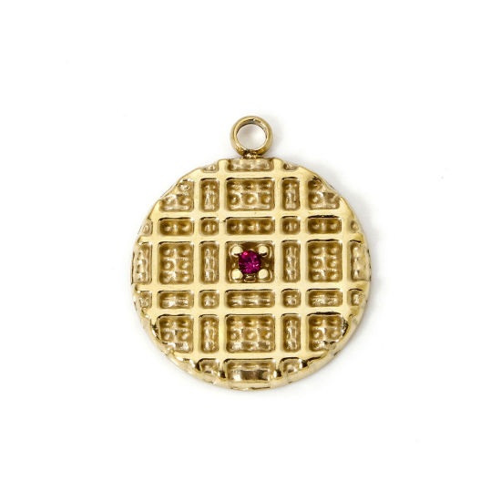Imagen de 1 Unidad Recubrimiento al Vacío PVD Ecológico 304 Acero Inoxidable Colgantes Galleta 14K Oro Real Chapado Fucsia Rhinestone 19mm x 16mm