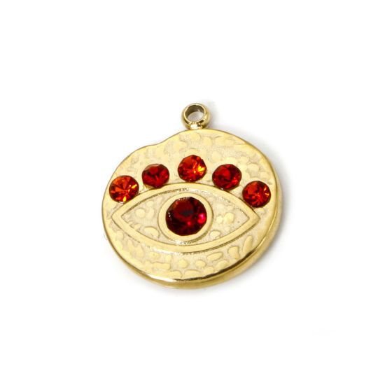 Imagen de 1 Unidad Recubrimiento al Vacío PVD Ecológico 304 Acero Inoxidable Religión Colgantes Ronda 14K Oro Real Chapado Ojo Rojo Rhinestone 16mm x 14mm