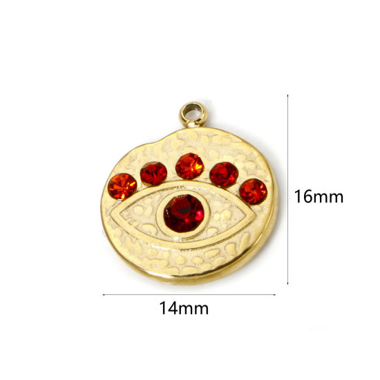 Imagen de 1 Unidad Recubrimiento al Vacío PVD Ecológico 304 Acero Inoxidable Religión Colgantes Ronda 14K Oro Real Chapado Ojo Rojo Rhinestone 16mm x 14mm