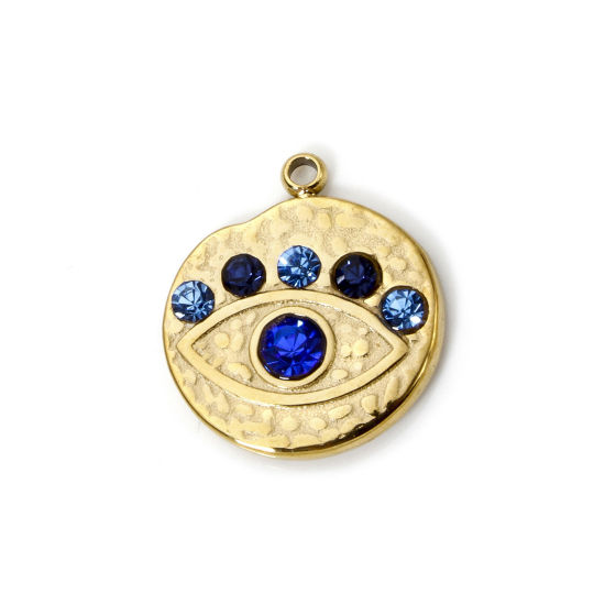 Imagen de 1 Unidad Recubrimiento al Vacío PVD Ecológico 304 Acero Inoxidable Religión Colgantes Ronda 14K Oro Real Chapado Ojo Azul Rhinestone 16mm x 14mm