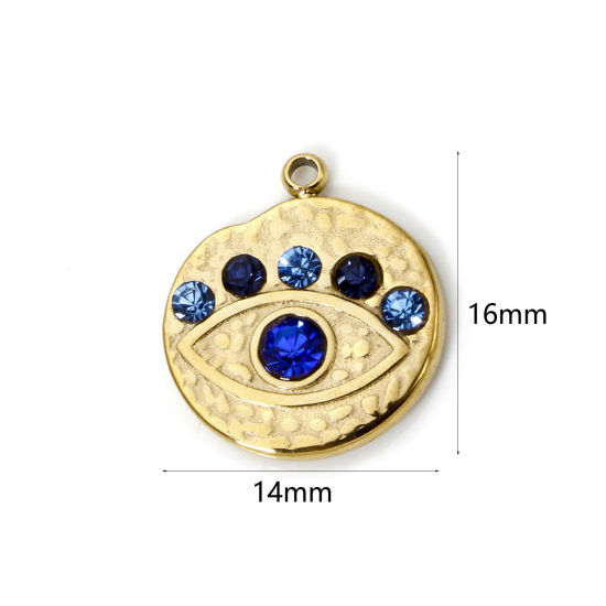 Imagen de 1 Unidad Recubrimiento al Vacío PVD Ecológico 304 Acero Inoxidable Religión Colgantes Ronda 14K Oro Real Chapado Ojo Azul Rhinestone 16mm x 14mm