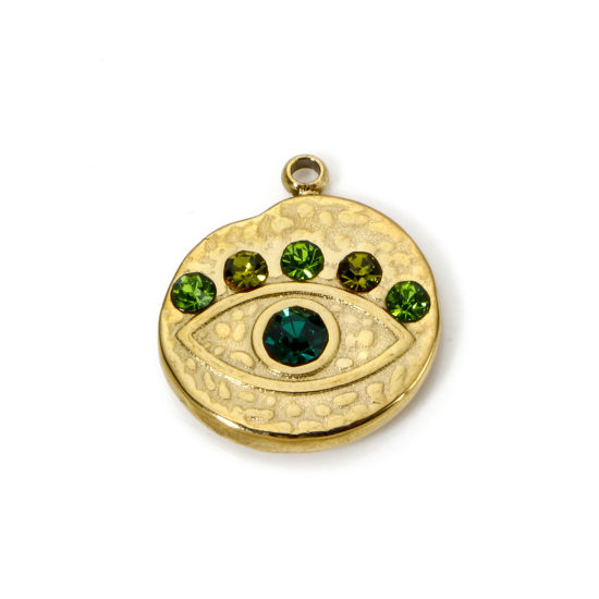 Imagen de 1 Unidad Recubrimiento al Vacío PVD Ecológico 304 Acero Inoxidable Religión Colgantes Ronda 14K Oro Real Chapado Ojo Verde Rhinestone 16mm x 14mm