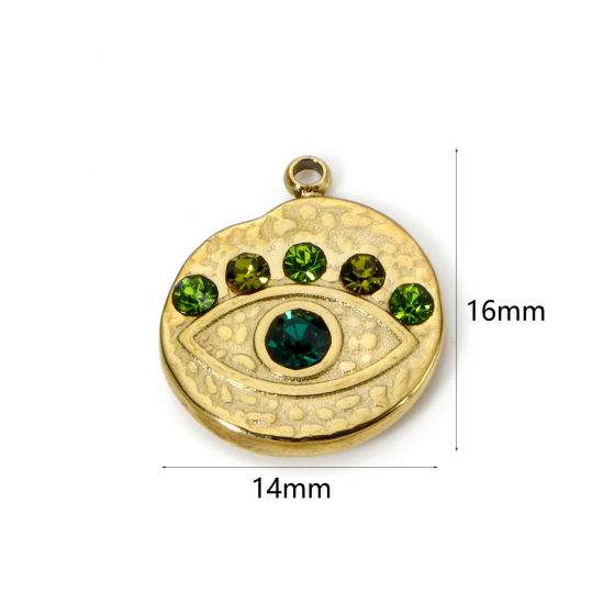 Imagen de 1 Unidad Recubrimiento al Vacío PVD Ecológico 304 Acero Inoxidable Religión Colgantes Ronda 14K Oro Real Chapado Ojo Verde Rhinestone 16mm x 14mm
