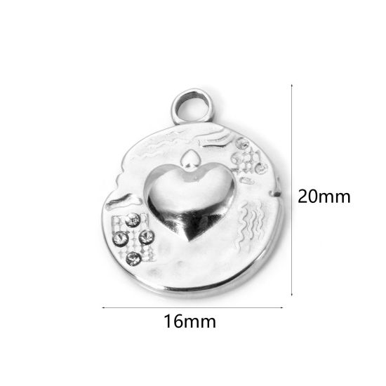1 個 エコフレンドリー PVD真空メッキ 304ステンレス鋼 バレンタイン・デー チャーム 円形 シルバートーン ハート 20mm x 16mm、 の画像