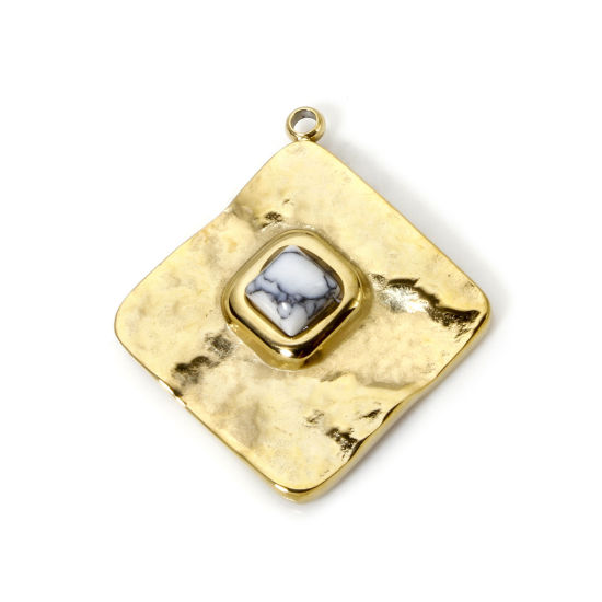 Bild von 1 Piece Eco-friendly PVD Vacuum Plating 304 Stainless Steel Charms 14K Real Gold Plated White Rhombus With Synthetic Gemstone Cabochons 24.5mm x 22mm