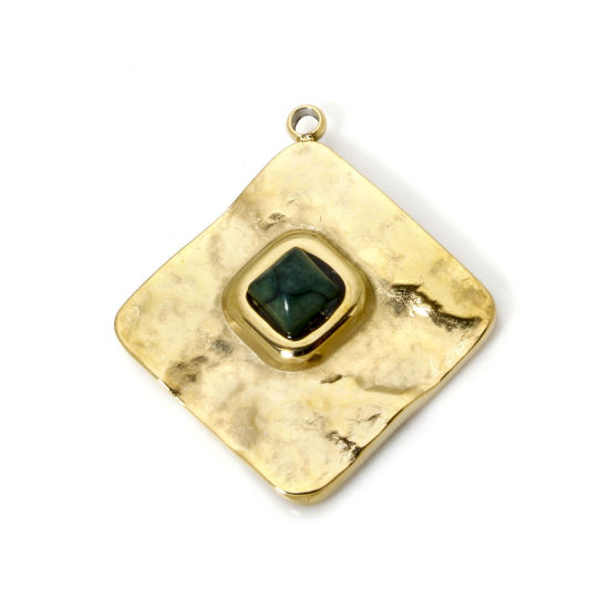 Bild von 1 Piece Eco-friendly PVD Vacuum Plating 304 Stainless Steel Charms 14K Real Gold Plated Black Rhombus With Synthetic Gemstone Cabochons 24.5mm x 22mm