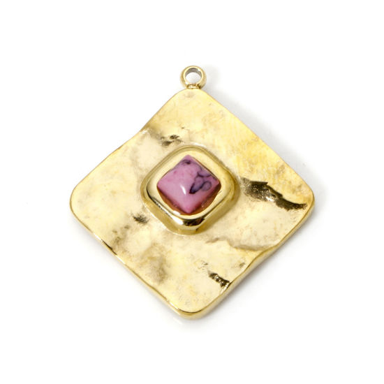 Bild von 1 Piece Eco-friendly PVD Vacuum Plating 304 Stainless Steel Charms 14K Real Gold Plated Pink Rhombus With Synthetic Gemstone Cabochons 24.5mm x 22mm