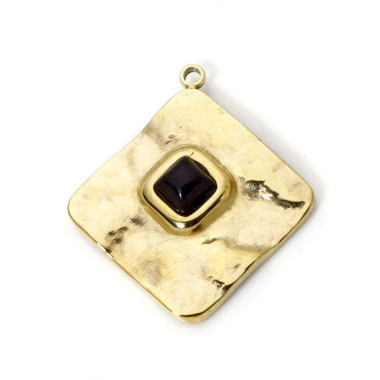 Bild von 1 Piece Eco-friendly PVD Vacuum Plating 304 Stainless Steel Charms 14K Real Gold Plated Black Rhombus With Synthetic Gemstone Cabochons 24.5mm x 22mm