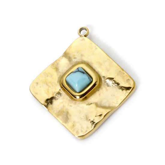 Bild von 1 Piece Eco-friendly PVD Vacuum Plating 304 Stainless Steel Charms 14K Real Gold Plated Green Blue Rhombus With Synthetic Gemstone Cabochons 24.5mm x 22mm