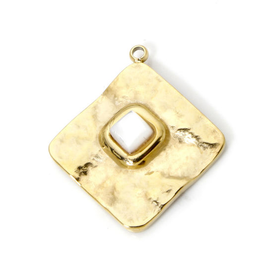 Bild von 1 Piece Eco-friendly PVD Vacuum Plating 304 Stainless Steel Charms 14K Real Gold Plated White Rhombus With Synthetic Gemstone Cabochons 24.5mm x 22mm